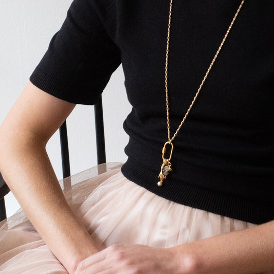 Gold Carabiner Charm Necklace with Cameo & Fish Charms