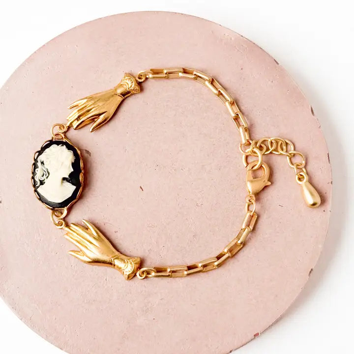 24K Gold Paper clip Charm Bracelet with Cameo & Hands