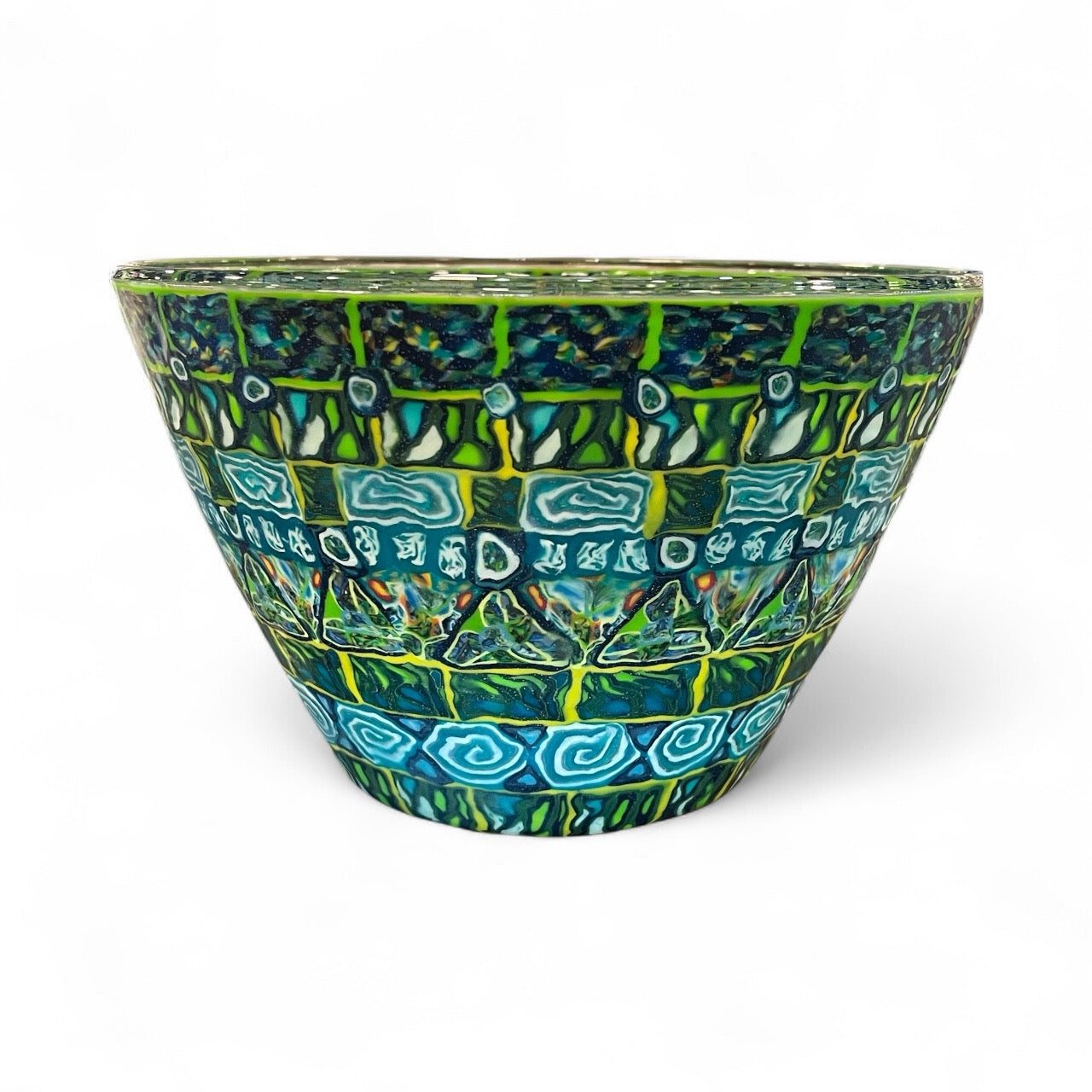 Large Green Glass Fruit Bowl Decorated with Polymer Clay