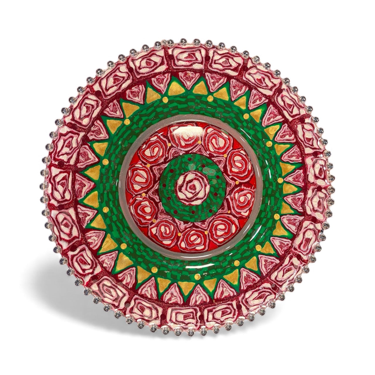 Glass Platter with Beaded Edge Decorated by Barbara Levy