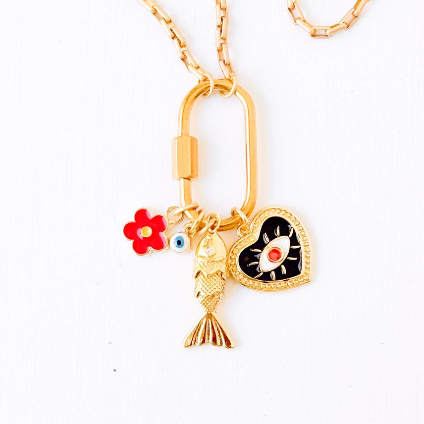 Small Gold Carabiner Charm Necklace with Black Heart a Fish Charm