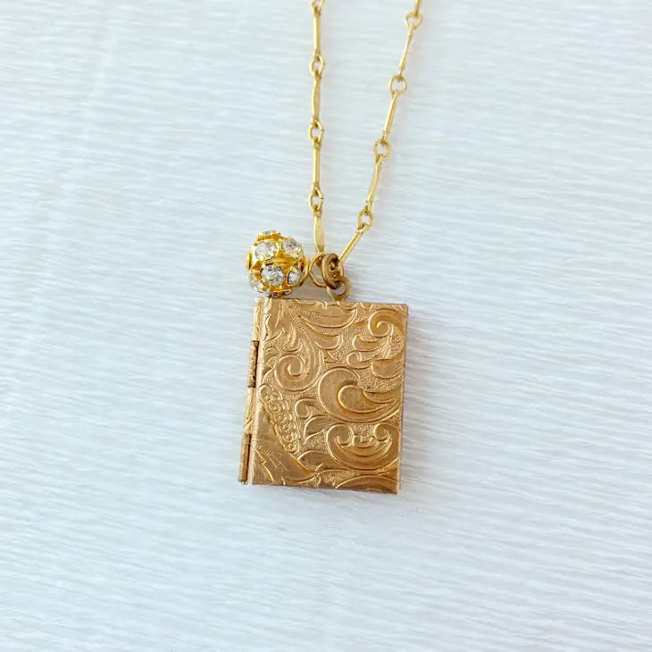 Brocade Etched Book Locket Necklace