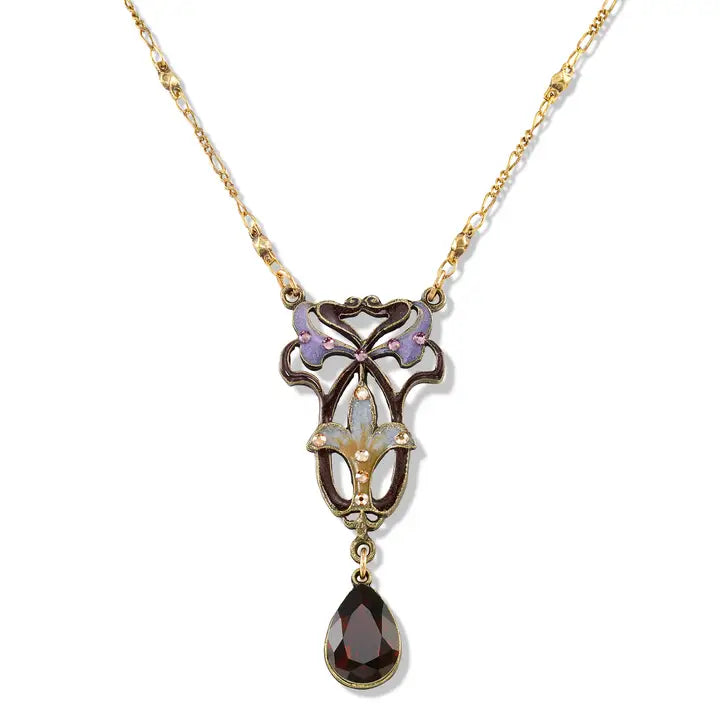 Art Nouveau Mocha Brown and Lavender Crystal Necklace