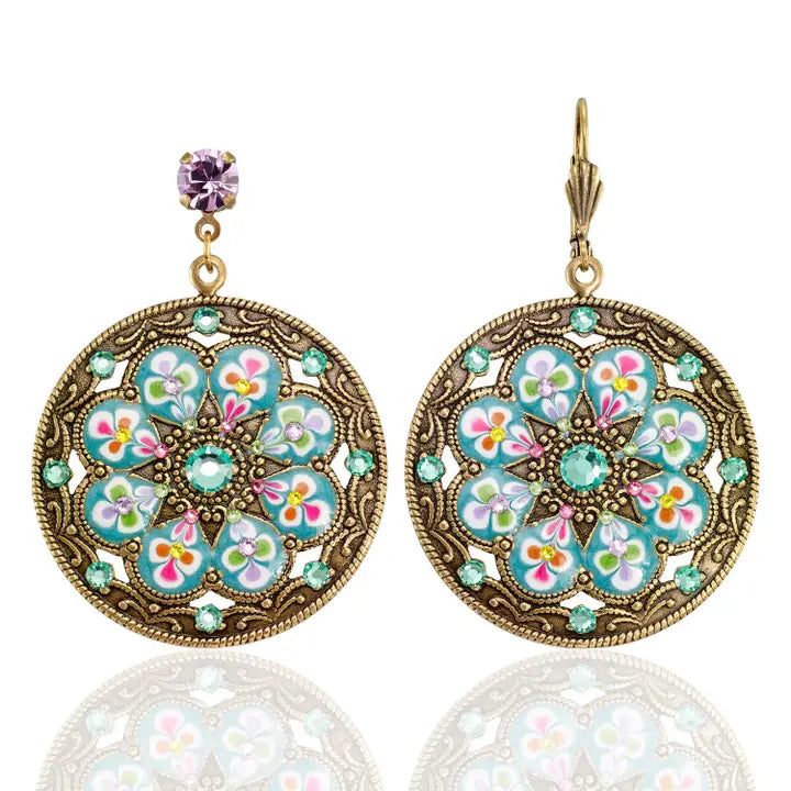Round Brite Floral Bouquet Medallion Crystal Earring