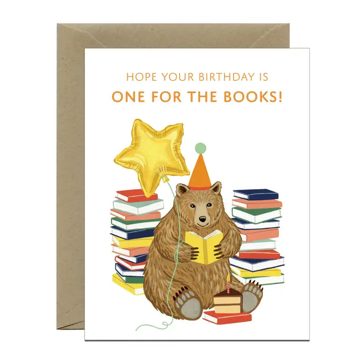 Reading Bear with Books and Cake Birthday Card