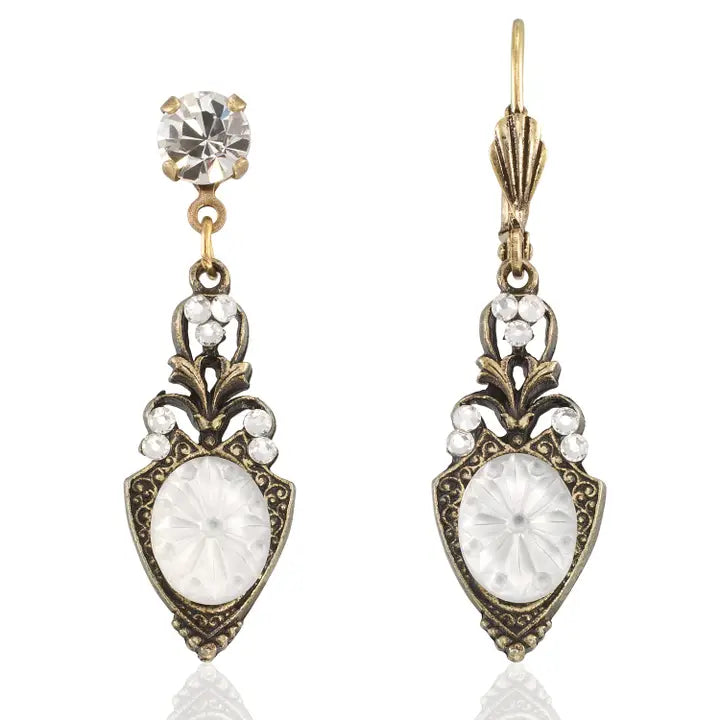 Etched Oval Shape Glass Crystal Earrings
