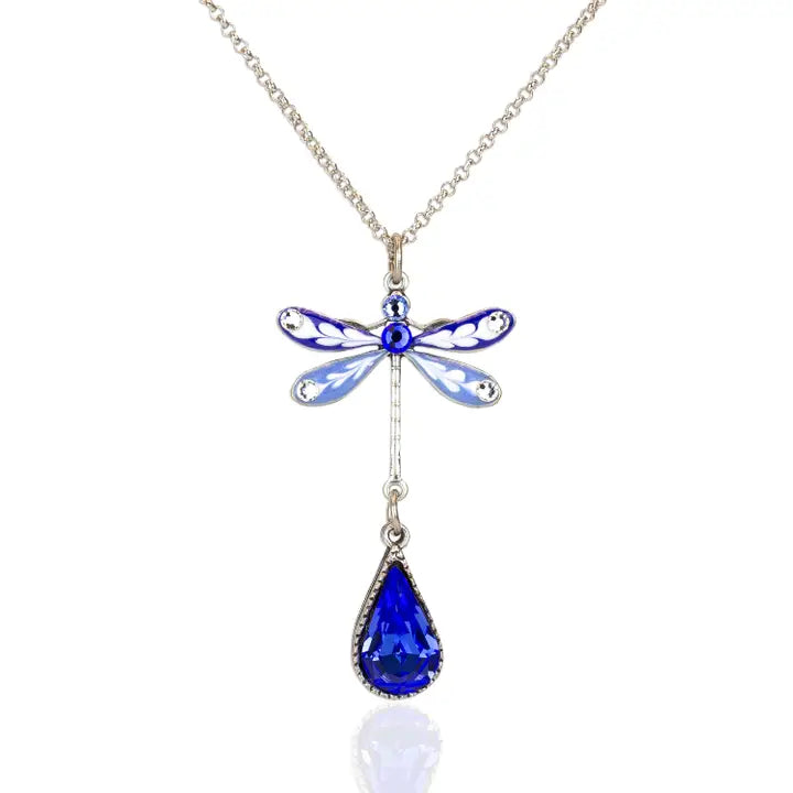 Blue and White Flowering Teardrop Crystal Dragonfly Necklace