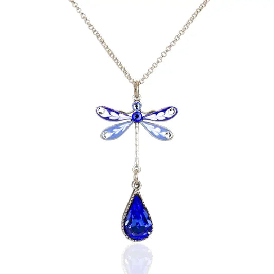 Blue and White Flowering Teardrop Crystal Dragonfly Necklace