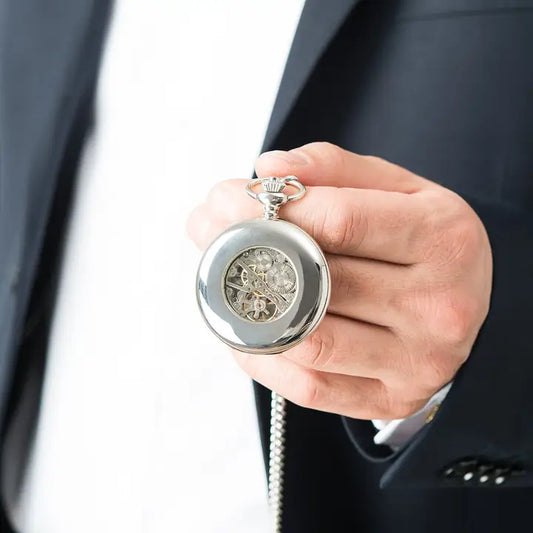 Silver Mechanical Pocket Watch & Fob