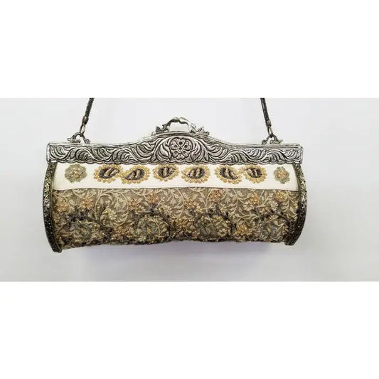 Handcrafted Vintage Brass Frame Woven Tapestry & Leather Clutch