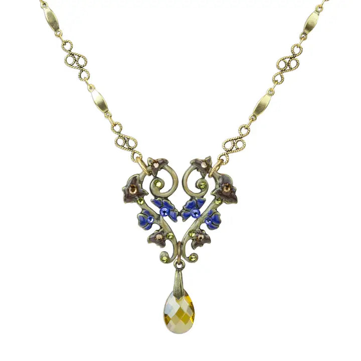 Purple and Brown Flowering Vine Crystal Drop Necklace
