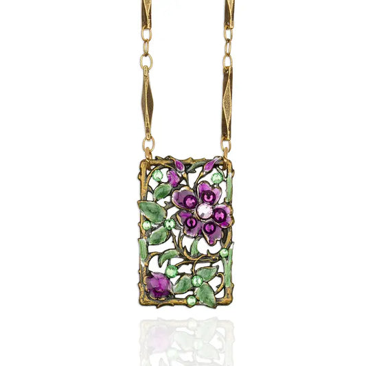 Art Nouveau Green Garden Amethyst Crystal Flower Necklace