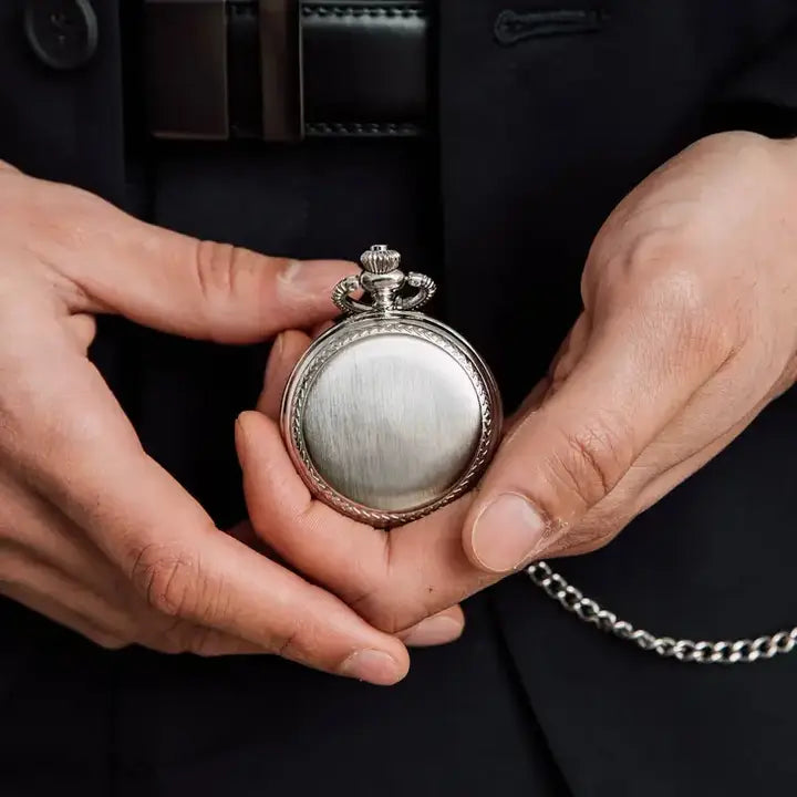 Silver Mechanical Pocket Watch w/ Photo & Fob - Blank