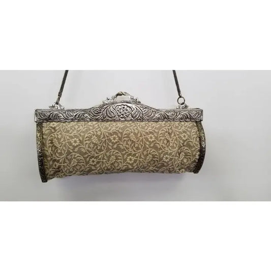 Handcrafted Vintage Brass Frame Woven Tapestry & Leather Clutch