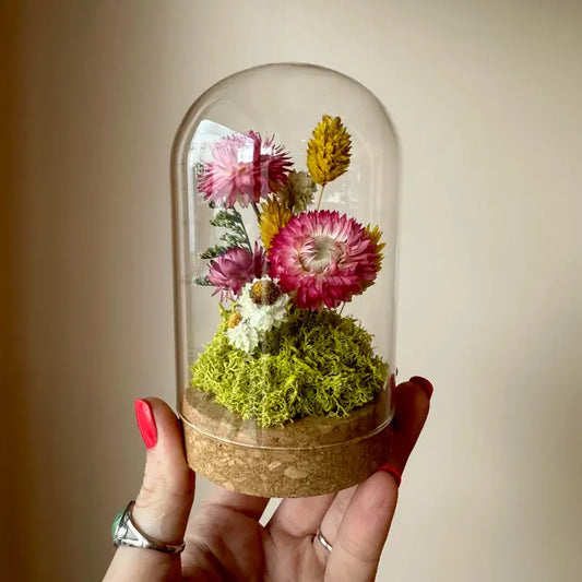 Large Botanical Glass Terrarium Jar W. Pink Dried Florals
