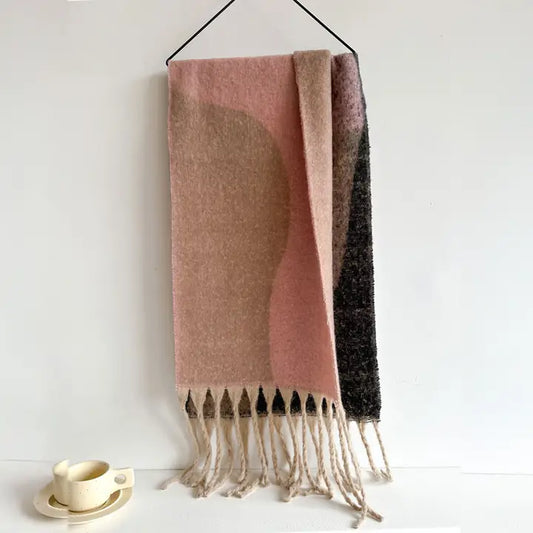 Geometric Fringe Wool Scarf,Thick Colorblock Shawl