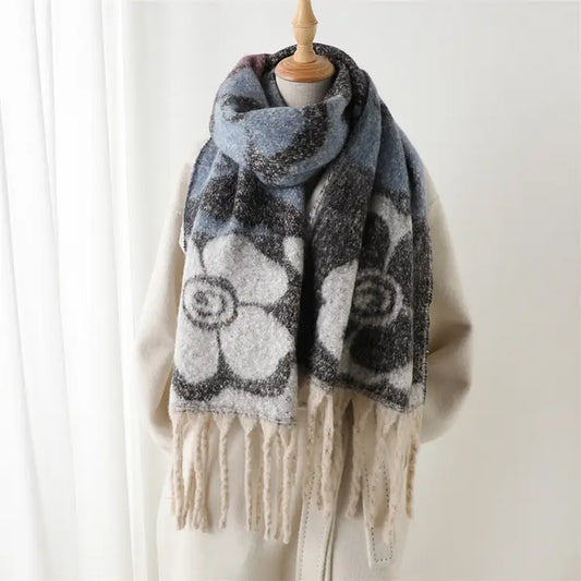 Vintage-Inspired Floral Wrap Scarf with Fringe