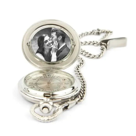 Silver Mechanical Pocket Watch w/ Photo & Fob - Blank