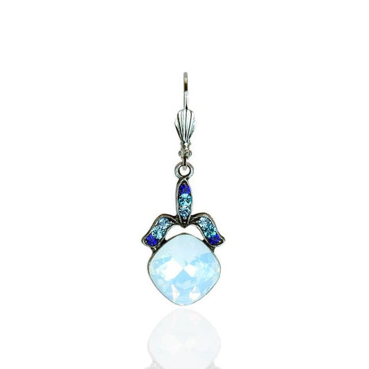 White Opal Square with Light Turquoise Blue Crystal Earrings