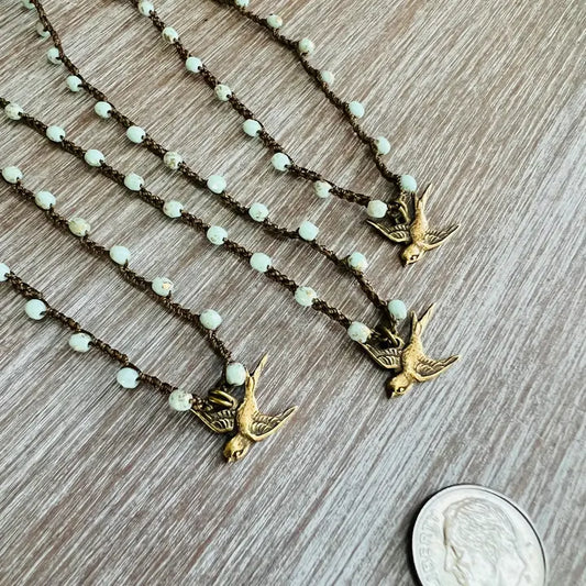 Split Tail Swallow Charm Necklace with Golden Mint Crystal
