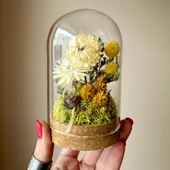 Large Botanical Glass Terrarium Jar W. Yellow Dried Florals