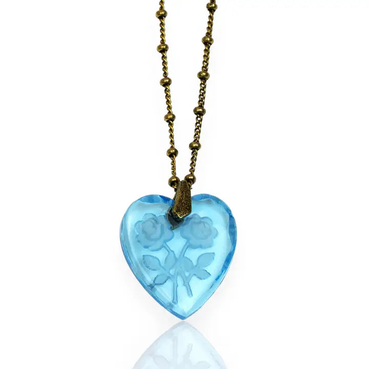 Aqua Vintage Floral Etched Glass Heart Pendant Necklace