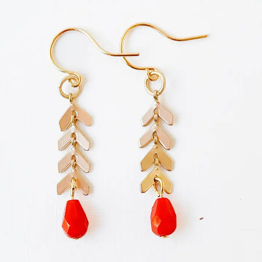 Small Chevron and Red Bead Earrings