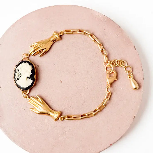 24K Gold Paper clip Charm Bracelet with Cameo & Hands