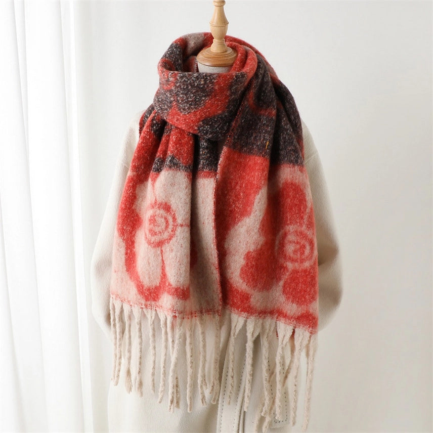 Vintage-Inspired Floral Wrap Scarf with Fringe