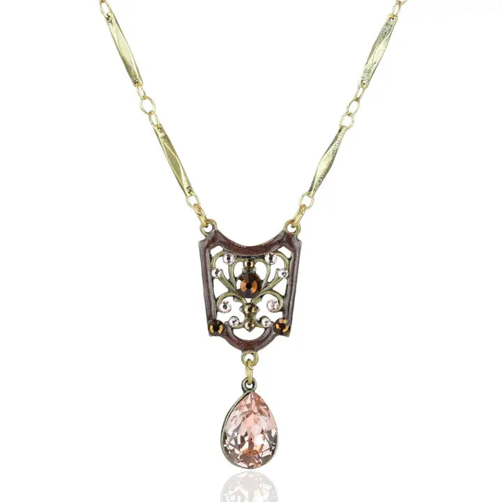 Art Nouveau Auburn Brown and Pink Crystal Teardrop Necklace