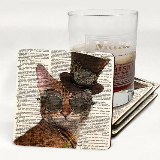 Steampunk Kitty Wooden Drink Coaster
