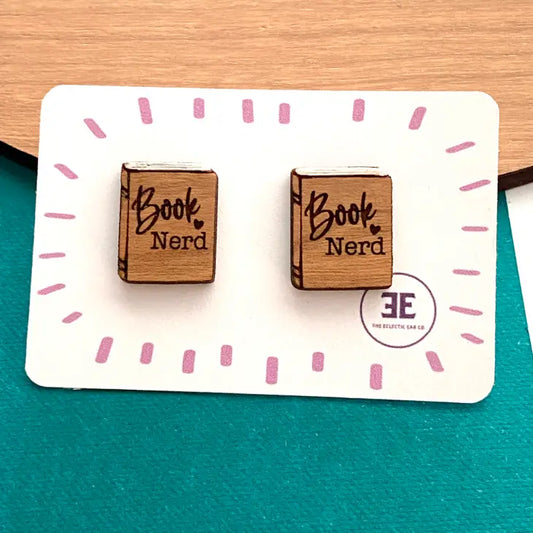 Book Nerd Earrings, Wood Engraved Book Studs