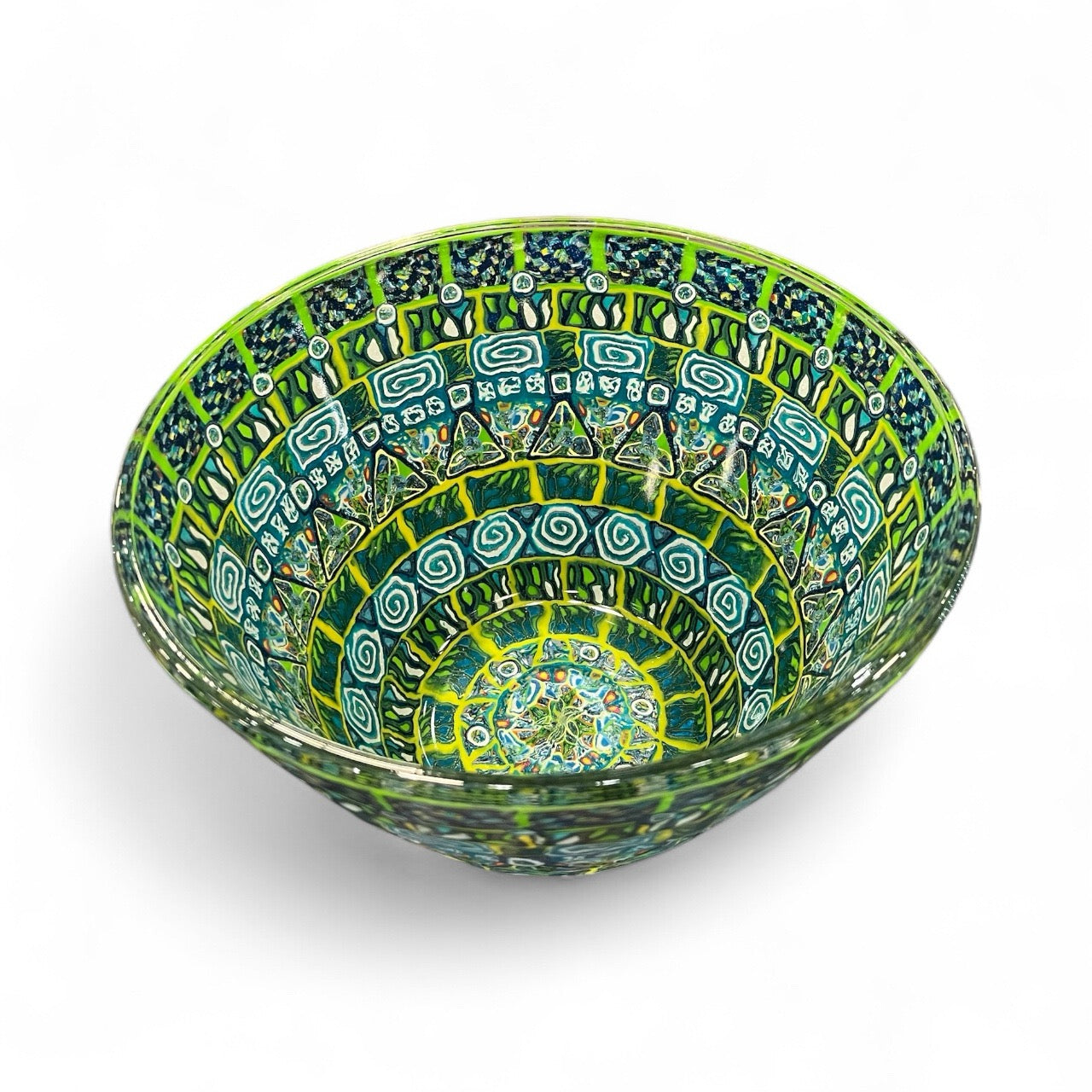 Large Green Glass Fruit Bowl Decorated with Polymer Clay
