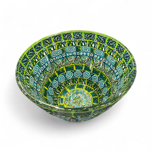 Large Green Glass Fruit Bowl Decorated with Polymer Clay