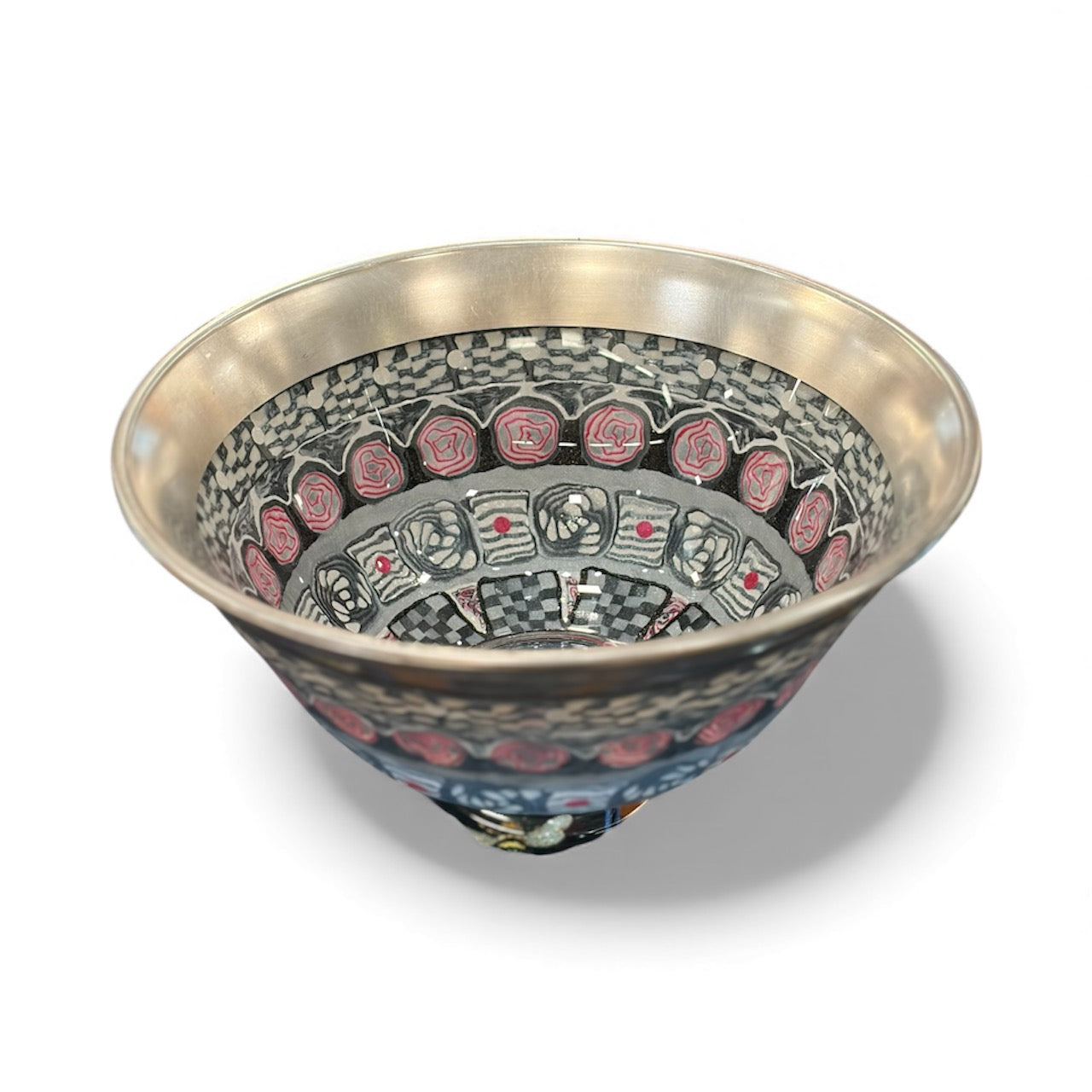 Black Silver and Pink Glass Bowl Decorated by Hand