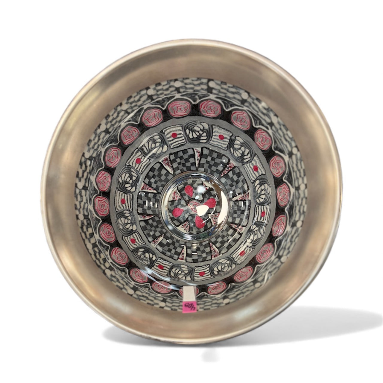 Black Silver and Pink Glass Bowl Decorated by Hand