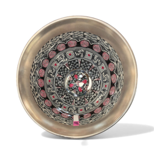 Black Silver and Pink Glass Bowl Decorated by Hand