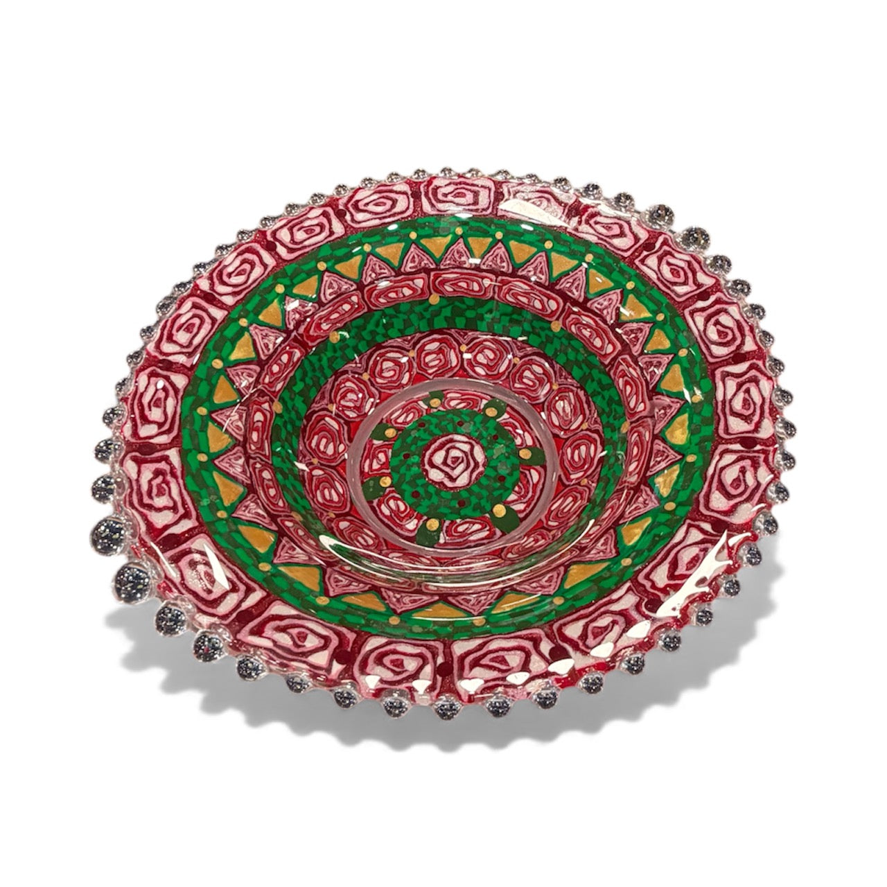 Holiday Glass Plate with Beaded Edge – Handcrafted Polymer Clay Design by Barbara Levy