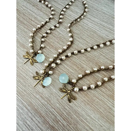 Dragonfly Charm Necklace with Chalcedony Stone Drop