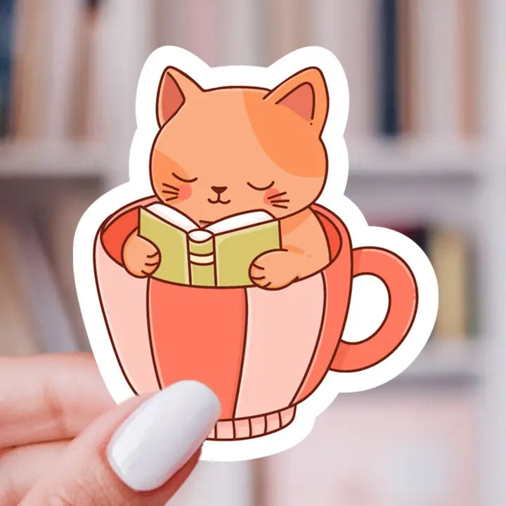 Cozy Cat Reading in Mug Sticker