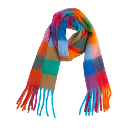 Rainbow Plaid Fuzzy Scarf--Thick Winter Shawl Wrap