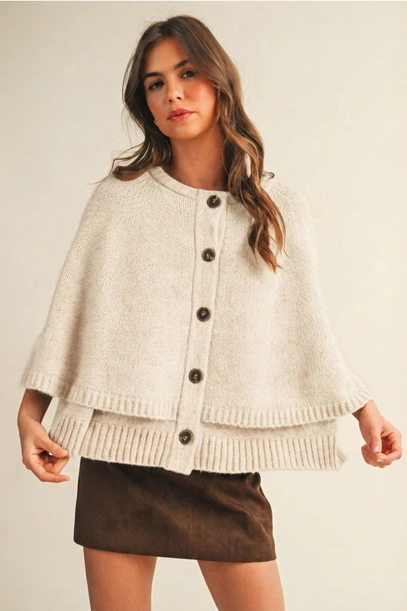Button Front Tiered Knit Capelet