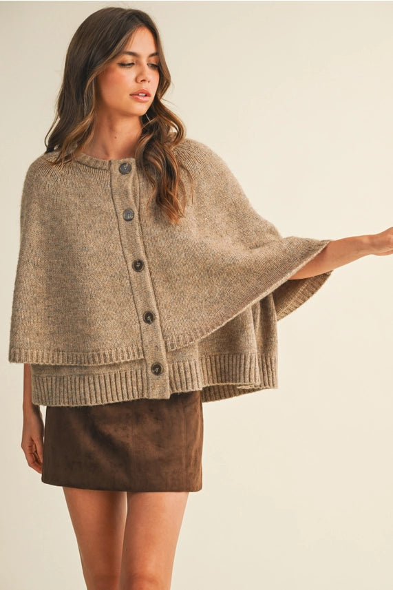 Button Front Tiered Knit Capelet