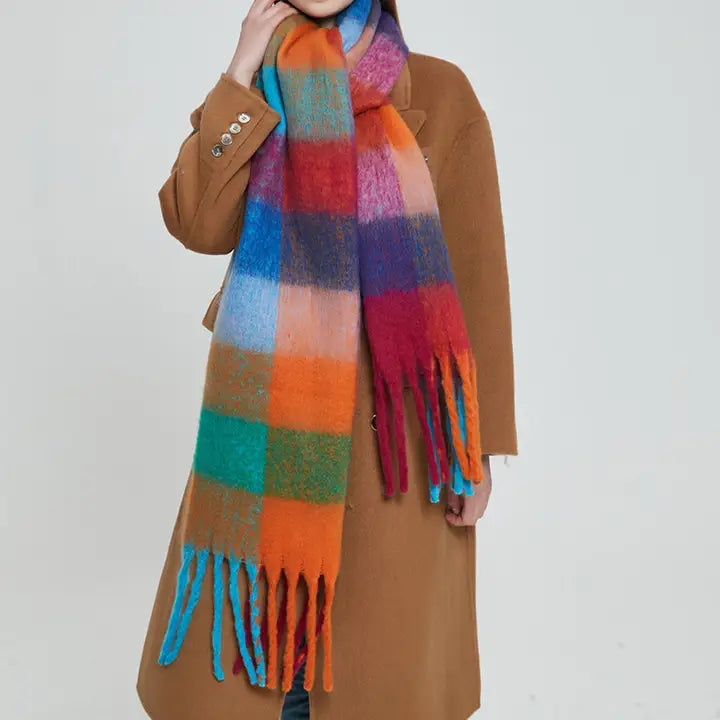 Rainbow Plaid Fuzzy Scarf--Thick Winter Shawl Wrap