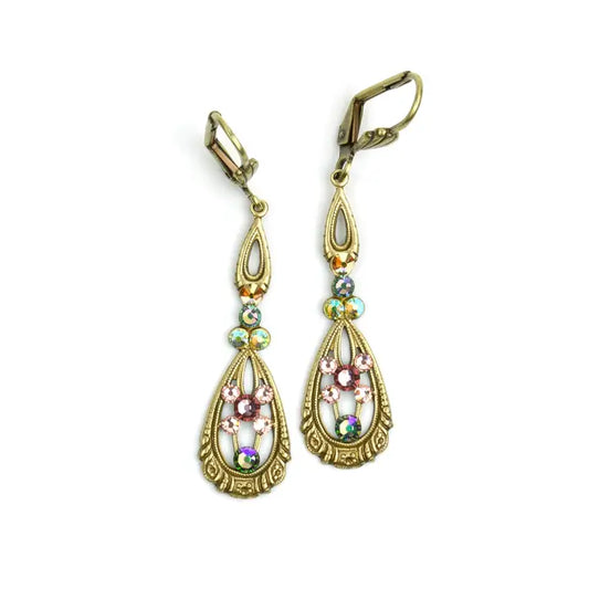 Vintage Inspired Pink Purple and Gold Crystal Dangle Earring