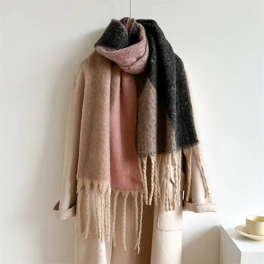 Geometric Fringe Wool Scarf,Thick Colorblock Shawl