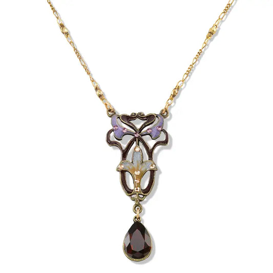 Art Nouveau Mocha Brown and Lavender Crystal Necklace