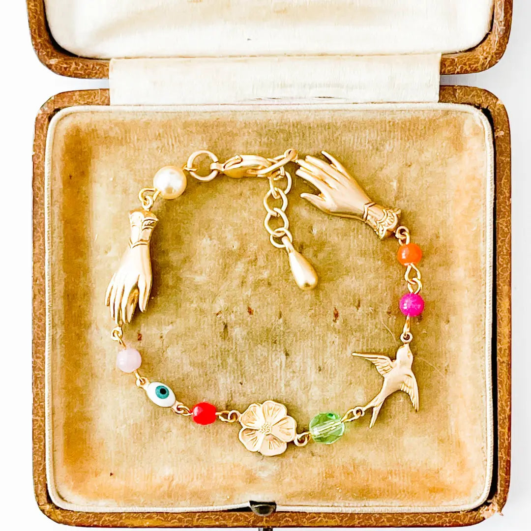 Adjustable Evil Eye Charm Bracelet with Pearl and Beads