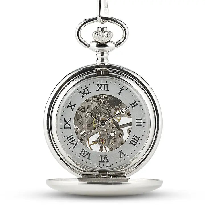 Silver Mechanical Pocket Watch & Fob