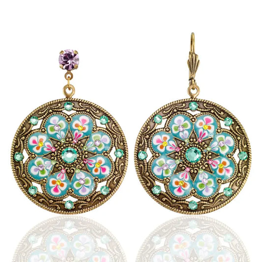 Round Brite Floral Bouquet Medallion Crystal Earring